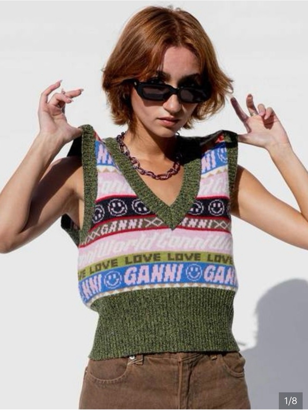 Ganni Multicolor Jacquard V-Neck Sweater Vest